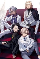 4boys artist_request belt black_eyes black_hair blonde_hair chain character_request coat copyright_request dark-skinned_male dark_skin fancy grey_eyes grey_hair highres male_focus multiple_boys nails necktie sitting stairs tagme