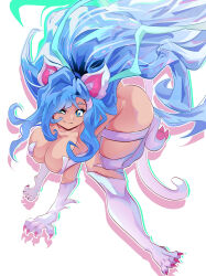 1girl animal_ears animal_hands ass bare_shoulders blue_eyes blue_hair breasts cat_ears cat_tail darkstalkers felicia_(darkstalkers) large_breasts long_hair molu_(molu-molu) tail very_long_hair white_fur