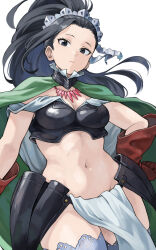 1girl 2nd_popularity_poll_(boku_no_hero_academia) absurdres alternate_costume armor bikini_armor black_armor black_eyes black_hair boku_no_hero_academia breastplate breasts cape cleavage collar curvy elbow_gloves facing_viewer faulds fengling_(furin-jp) gauntlets gloves green_cape highres large_breasts long_hair looking_at_viewer medium_breasts midriff navel no_panties official_alternate_costume pelvic_curtain ponytail red_gloves simple_background solo stomach thighhighs upper_body white_background yaoyorozu_momo