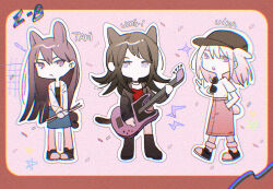 3girls 5-string_bass_guitar :&lt; animal_ears bang_dream! bang_dream!_it&#039;s_mygo!!!!! baseball_cap bass_guitar black_boots black_choker black_hat black_jacket black_shirt black_shoes blonde_hair blue_eyes blue_skirt boots brown_skirt cat_ears cat_girl cat_tail character_name chibi choker commentary dog_ears dog_girl dog_tail drumsticks extended_range_bass_guitar grey_skirt hair_between_eyes hat holding holding_drumsticks instrument jacket kemonomimi_mode misumi_uika multiple_girls open_mouth outline purple_eyes red_shirt reiboubyou shiina_taki shirt shoes short_sleeves skirt sunglasses tail unworn_eyewear white_jacket white_outline white_shirt yahata_umiri