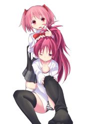Rule 34 | 10s, 2girls, black legwear, dressing, hairdressing, kaname madoka, long hair, mahou shoujo madoka magica, mahou shoujo madoka magica (anime), multiple girls, one eye closed, open clothes, open shirt, panties, passevo, pink eyes, pink hair, red eyes, red hair, sakura kyoko, school uniform, shirt, short hair, short twintails, sitting, sleepy, striped clothes, striped panties, thighhighs, twintails, under shirt, underwear, white legwear, wink