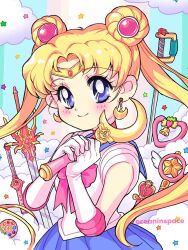1girl bishoujo_senshi_sailor_moon blonde_hair blue_eyes blush bow cloud crescent double_bun hair_bun highres holding looking_at_viewer magical_girl oceaninspace sailor_moon school_uniform serafuku skirt smile solo tiara twintails