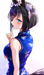 1girl absurdres alternate_costume animal_ears black_hair blue_dress blue_eyes blurry blush bob_cut bokeh breasts china_dress chinese_clothes commentary_request depth_of_field dress eishin_flash_(umamusume) finger_to_mouth flower from_side gradient_background hair_flower hair_ornament hair_scrunchie highres horse_ears horse_girl horse_tail index_fingers_raised kakikakilemon looking_at_viewer mandarin_collar medium_breasts print_dress purple_background scrunchie short_hair shushing sleeveless sleeveless_dress solo tail umamusume upper_body