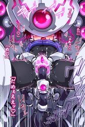 1girl aile_(mega_man_zx) black_bodysuit blue_jacket blush bodysuit bodysuit_under_clothes brown_hair cable cameltoe clitoral_stimulation cropped_jacket female_orgasm green_eyes hacking highres jacket mega_man_(series) mega_man_zx no_pants object_insertion orgasm pussy_juice restrained robot_ears sex_machine sex_toy short_hair solo spread_legs stationary_restraints tomoshibi_hidekazu vaginal vaginal_object_insertion variant_set
