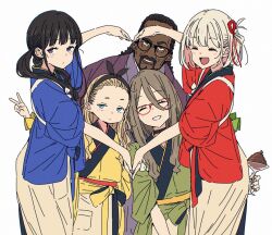 1boy 4girls ^_^ bangs_pinned_back black-framed_eyewear black_choker black_hair blonde_hair blue_eyes blue_kimono brown_hair choker closed_eyes commentary_request cup dark-skinned_male dark_skin drinking_glass glasses green_kimono grey_kimono hair_between_eyes heart_arms heart_arms_duo holding holding_cup imigimuru inoue_takina japanese_clothes kimono kurumi_(lycoris_recoil) long_hair long_hair_between_eyes lycoris_recoil mika_(lycoris_recoil) multiple_girls nakahara_mizuki nishikigi_chisato open_mouth purple_eyes red-framed_eyewear red_kimono short_hair simple_background smile tasuki twintails v white_background yellow_kimono