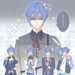 Rule 34 | ..., 25-ji kaito, 5boys, ^ ^, akii 0915, anger vein, angry, arm across waist, arm up, black coat, black gloves, blue bow, blue eyes, blue hair, blue shirt, blush, bow, buttons, checkered clothes, closed eyes, coat, collared shirt, colored speech bubble, commentary, cowboy shot, double-breasted, double-parted bangs, epaulettes, frilled shirt, frills, gloves, green bow, grey shirt, hashtag-only commentary, head bump, headset, heart, holding, holding paddle, jacket, kaito (vocaloid), lapels, laughing, leo/need kaito, long sleeves, looking at another, looking to the side, male focus, more more jump! kaito, multicolored jacket, multiple boys, multiple persona, neck ribbon, necktie, nervous sweating, notched lapels, open clothes, open jacket, open mouth, own hands together, paddle, pants, parted lips, partially shaded face, pink bow, pinstripe pants, pinstripe pattern, plaid clothes, polka dot, polka dot bow, ponytail, project sekai, red necktie, red ribbon, ribbon, school uniform, shirt, short ponytail, short sidetail, short twintails, sideways glance, sleeve cuffs, sparkle, speech bubble, spoken ellipsis, standing, steam, striped clothes, striped pants, sweat, teeth, torn clothes, torn shirt, translation request, twintails, vertical-striped clothes, vertical-striped pants, vest, vivid bad squad kaito, vocaloid, white jacket, white shirt, wing collar, wonderlands x showtime kaito, yellow bow