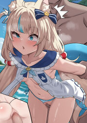 1boy 1girl ahoge animal_ears beach bikini black_bow blonde_hair blue_eyes blue_hair blue_sky blush bow censored collarbone commentary_request hair_bow hashira_14 hetero highres indie_virtual_youtuber long_hair mosaic_censoring multicolored_hair navel outdoors penis pussy sameko_saba sex sex_from_behind sky solo_focus standing stomach streaked_hair striped_bikini striped_clothes swimsuit thighs vaginal variant_set virtual_youtuber water