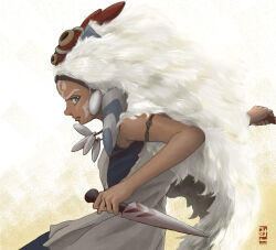 1girl ahsoka_tano alien animification blue_eyes commentary_request crossover dagger fantasy fusion knife looking_at_viewer looking_to_the_side mask miko_(27044850) mononoke_hime pelt san_(mononoke_hime) science_fiction serious signature star_wars star_wars:_ahsoka togruta tribal upper_body weapon