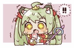 Rule 34 | !, !!, + +, 1girl, ahoge, animal ear fluff, animal ears, blush, card, chibi, chibi only, commentary request, crown, dress, fang, fox ears, fox girl, fox tail, green hair, high priest (ragnarok online), holding, holding card, holding staff, juliet sleeves, long hair, long sleeves, open mouth, puffy sleeves, purple background, ragnarok masters, ragnarok online, red dress, skin fang, solo, staff, tail, tanaka yuugo, trembling, two-tone background, two-tone dress, upper body, white background, white dress