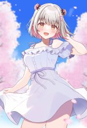 1girl absurdres blush colored_inner_hair day daysss double_bun dress hair_bun hair_ornament hairclip hand_up heart heart_hair_ornament highres indie_virtual_youtuber looking_at_viewer multicolored_hair open_mouth petals pink_hair pointy_ears short_sleeves sky smile solo suou_patra two_side_up virtual_youtuber white_hair x_hair_ornament yellow_eyes