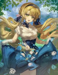 1girl :d blonde_hair blue_flower blue_hairband blue_neckerchief blue_rose blue_skirt blue_sky bracelet cloud collared_shirt cowboy_shot floating_hair flower gloves green_eyes hairband highres jewelry jiaoliu_kongjuzheng leaf long_hair looking_at_viewer low_twintails miniskirt neckerchief official_alternate_costume open_mouth outdoors pearl_bracelet reverse:1999 rose shirt short_sleeves skirt skirt_basket skirt_hold sky smile solo sotheby sotheby_(lawson) twintails very_long_hair white_flower white_gloves white_rose white_shirt