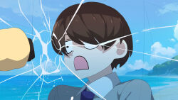 1boy 1girl beach black_eyes blue_sky body_fur brown_hair clenched_hand cloud collared_shirt constricted_pupils crack day disembodied_hand florian_(pokemon) frozen furry furry_female gen_4_pokemon grapeanime grey_shirt hair_over_one_eye highres horizon ice lopunny male_focus mega_lopunny mega_pokemon necktie nintendo ocean open_mouth outdoors pokemon pokemon_(creature) pokemon_sv punching purple_necktie school_uniform shirt short_hair sky solo_focus upper_body wide-eyed yellow_fur