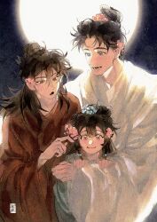 1girl 2boys absurdres adjusting_another&#039;s_hair artist_logo backlighting black_hair blue_eyes blue_flower child chinese_clothes chinese_commentary closed_mouth dao_gui_yi_xian eyelashes family faux_traditional_media flower full_moon hair_between_eyes hair_bun hair_flower hair_ornament half_updo hand_up hanfu height_difference highres holding holding_another&#039;s_arm hug hug_from_behind ink_wash_painting li_huowang li_sui_(princess_anping) light_particles logo long_hair long_sleeves looking_at_another looking_down messy_hair moon multiple_boys night night_sky open_mouth pink_eyes pink_flower red_eyes red_hanfu robe single_hair_bun sky smile star_(sky) updo upper_body watercolor_effect white_hanfu wide_sleeves xinjinjumin9054866 yaoi zhuge_yuan