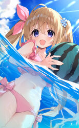 1girl bikini blue_eyes brown_hair cloud flower food fruit hair_flower hair_ornament long_hair looking_at_viewer navel open_mouth original outdoors partially_submerged partially_underwater_shot pink_bikini ribbon side-tie_bikini_bottom sky smile solo suimya swimsuit thighs twintails underwater very_long_hair water watermelon