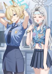 Rule 34 | 2girls, :d, = =, absurdres, animal ear fluff, animal ears, arms up, black pantyhose, blonde hair, blue archive, blue eyes, blue halo, blue necktie, blue shirt, blue skirt, breasts, clenched teeth, closed eyes, collared shirt, computer, cowboy shot, dog ears, dog girl, dress shirt, floral print shirt, grey halo, halo, hand up, handheld electric fan, hawaiian shirt, highres, holding, hot, indoors, kanna (blue archive), konoka (blue archive), laptop, large breasts, long hair, midriff, multiple girls, necktie, office, open mouth, pantyhose, pencil skirt, pleated skirt, police, police uniform, sharp teeth, shirt, short sleeves, simoumi 217, skirt, sleeves pushed up, smile, sweat, teeth, tied shirt, tying hair