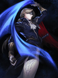 1girl ascot blonde_hair blue_surcoat duchess_(elden_ring) elden_ring elden_ring_nightreign eye_mask from_side gloves hanaphi_m highres holding holding_pocket_watch lips long_hair magic nose pants pocket_watch ponytail sheath sheathed solo watch white_ascot white_gloves white_pants