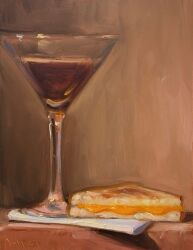 alcohol artist_name bread cheese cocktail_glass commentary cup drinking_glass english_commentary food grilled_cheese hair_ornament highres napkin no_humans noah_verrier oil_painting_(medium) original painting_(medium) sandwich still_life traditional_media