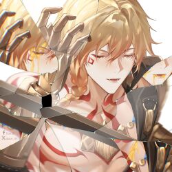 Rule 34 | 1boy, arm tattoo, armor, bare pectorals, black coat, blonde hair, blood, blood from mouth, blood on face, braid, chest tattoo, clawed gauntlets, closed eyes, coat, commentary, crack, cracked glass, danzi 03, earrings, english commentary, facebook username, facial tattoo, gold earrings, gold necklace, gradient hair, hair between eyes, highres, honkai: star rail, honkai (series), jewelry, male focus, medium hair, multicolored hair, mydei (honkai: star rail), necklace, open clothes, open coat, pauldrons, pectorals, red hair, red tattoo, shoulder armor, side braid, simple background, single pauldron, solo, tattoo, toned, toned male, twitter username, white background