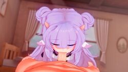 1boy 1girl 3d animal_ears animated clothed_female_nude_male cow_ears double_bun erection fellatio hair_bun highres horns indoors long_hair looking_at_viewer looking_up muu_muyu nude oral penis phase_connect pink_eyes pov pov_crotch purple_hair shirt tagme video virtual_youtuber wataamage white_shirt