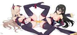 2girls animal_ears black_eyes black_gloves black_hair black_thighhighs blonde_hair blush breasts closed_eyes clothes_pull dildo double_dildo double_ended_dildo ecstasy embarrassed feet feet_out_of_frame full-face_blush full_body gloves hair_ornament highres legs long_hair medium_breasts moaning multiple_girls navel nipples nude object_insertion on_bed open_clothes open_mouth pussy pussy_juice sex sex_toy shiny_skin simple_background thick_thighs thighhighs thighs tongue tongue_out topu torogao uncensored vaginal vaginal_object_insertion yuri