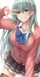 1girl aqua_hair black_skirt blue_bow blue_bowtie bow bowtie breasts brown_thighhighs cardigan collared_shirt dress_shirt frilled_skirt frills green_eyes grin hair_ornament hairclip heart_lock_(kantai_collection) highres jewelry kantai_collection large_breasts leaning_forward long_hair necklace official_alternate_costume pink_cardigan pleated_skirt school_uniform shirt simple_background skirt smile solo suien suzuya_(kancolle) suzuya_(school_girl)_(kancolle) thighhighs v white_background white_shirt