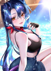 1girl absurdres black_gloves blue_hair blush breasts cleavage commentary crop_top day dragon_girl dragon_horns fingerless_gloves from_side gloves hair_between_eyes hat highres horns indie_virtual_youtuber large_breasts long_hair looking_at_viewer looking_to_the_side open_mouth outdoors ringeko-chan solo straw_hat sunlight very_long_hair vienna_(vtuber) virtual_youtuber wide_brim