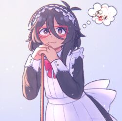 1girl :3 alternate_costume antenna_hair apron back_bow black_dress black_hair black_hairband blue_background bow bowtie bright_pupils brown_eyes buttons closed_mouth collared_dress commentary dark-skinned_female dark_skin donuqx double-parted_bangs dress english_commentary enmaided frilled_hairband frills glasses hair_between_eyes hairband light_particles long_sleeves looking_up maid maid_apron medium_hair meme mincy_(omori) omori own_hands_together red-framed_eyewear red_bow red_bowtie simple_background solo speech_bubble stick_figure_violence_(meme) thought_bubble upper_body white_apron white_bow white_pupils white_sleeve_cuffs