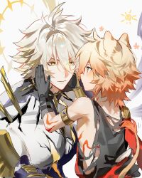 2boys aged_down animal_ears antenna_hair armlet blonde_hair blush cracked_skin eye_contact gradient_hair hair_between_eyes halo halo_behind_head hand_on_another&#039;s_face highres honkai:_star_rail honkai_(series) jewelry lion_boy lion_ears lion_tail looking_at_another male_focus material_growth medium_hair multicolored_hair multiple_boys mydei_(honkai:_star_rail) phainon_(honkai:_star_rail) red_hair red_tattoo revision shirt simple_background sleeveless sleeveless_shirt suirandanshihao tail torn_clothes torn_shirt white_background yellow_eyes