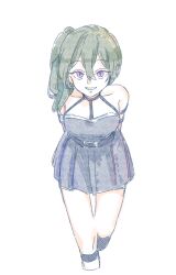 1girl absurdres arms_behind_back bare_shoulders black_dress breasts cropped_legs dress green_hair hair_between_eyes highres leaning_forward looking_at_viewer pleated_dress purple_eyes seila_rei side_ponytail simple_background small_breasts smile solo sousou_no_frieren ubel_(sousou_no_frieren) white_background