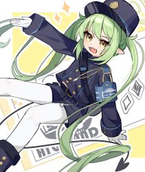 Rule 34 | 1girl, :d, absurdres, arm support, armband, backpack, bag, belt, belt buckle, black belt, blue archive, blue armband, blue boots, blue hat, blue jacket, blue shorts, boots, buckle, buttoned cuffs, buttons, chinese commentary, commentary request, cupping hand, demon tail, dot nose, double-breasted, fang, feet out of frame, floating hair, foot up, gloves, green hair, green halo, hair between eyes, halo, hat, highres, invisible floor, jacket, knee up, leaning back, long hair, long sleeves, looking at viewer, looking to the side, midriff peek, mogu kinoko, nozomi (blue archive), open mouth, outline, outstretched arm, pantyhose, partial commentary, peaked cap, pointy ears, short shorts, shorts, sitting, skin fang, sleeve cuffs, smile, solo, sparkle, tail, ticket, twintails, two-tone background, very long hair, wavy hair, white gloves, white outline, white pantyhose, yellow background, yellow eyes