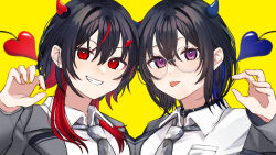 1girl 2girls absurdres achiki_(vtuber) arisyooon black_collar black_hair blazer collar colored_inner_hair curled_fingers double-parted_bangs grey_jacket grey_necktie grin hair_between_eyes heart heart_tail highres ichinose_uruha indie_virtual_youtuber jacket lupinus_virtual_games multicolored_hair multiple_girls necktie purple_eyes red_eyes red_hair sharp_teeth shirt small_horns smile tail teeth tongue tongue_out virtual_youtuber vspo! white_shirt yellow_background