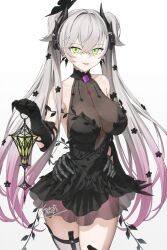 black_butterfly black_dress black_hands body_markings bug butterfly colored_extremities corsage crossed_bangs demon_girl demon_horns dress fate/grand_order fate_(series) gothic_lolita green_eyes hair_around_horn highres holding holding_lantern horns insect kamo_ashi lantern lilith_(fate) lilith_(fgo_fes._2025)_(fate) lolita_fashion long_hair looking_at_viewer multicolored_hair pointy_ears see-through_cleavage see-through_clothes skeletal_hand stomach_tattoo tattoo tattoo_between_breasts tongue tongue_out twintails white_hair