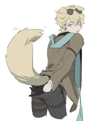 1boy ahoge ambience_synesthesia animal_ears arknights arm_strap black_pants blonde_hair blue_eyes brown_jacket chinese_commentary closed_mouth commentary_request dog_boy dog_ears dog_tail ear_piercing earrings eyewear_on_head fandangyu green_scarf hair_between_eyes hand_on_own_ass highres jacket jewelry looking_at_viewer looking_back male_focus messy_hair open_clothes open_jacket pants piercing scarf solo sunglasses tail tail_wagging tequila_(arknights) tequila_(cardwinner)_(arknights) thigh_strap white_background