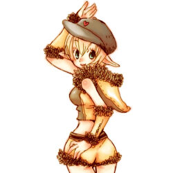 1girl arm_up ass back blonde_hair breasts closed_mouth commentary_request cowboy_shot crop_top fur-trimmed_shirt fur-trimmed_shorts fur_trim green_eyes grey_hat grey_shirt hair_ornament hat heart heart_hair_ornament hood hood_down hooded_shirt looking_at_viewer medium_breasts newsboy_cap pointy_ears ragnarok_online shirt short_hair shorts simple_background sleeveless sleeveless_shirt smile sniper_(ragnarok_online) solo tama1120 two-tone_shirt white_background yellow_shirt yellow_shorts
