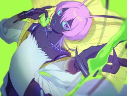 1girl antennae arthropod_girl bug collarbone colored_skin food highres holding holding_food kusunoki_muu looking_at_viewer milgram no_humans official_alternate_design open_mouth outstretched_hand pink_hair purple_skin slime_(substance) user_ckne3233