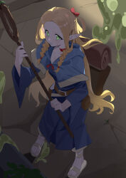 1girl absurdres backpack bag belt blonde_hair blue_capelet blue_robe braid capelet clenched_teeth commentary dungeon_meshi elf full_body green_eyes highres holding holding_staff long_hair long_pointy_ears long_sleeves marcille_donato pointy_ears robe slime_(substance) solo staff standing teeth twin_braids very_long_hair wako_(1194433260) wide_sleeves