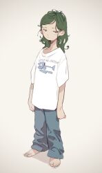Rule 34 | 1girl, arms at sides, baggy pants, barefoot, blue pants, closed mouth, frown, full body, green hair, hair down, highres, idolmaster, idolmaster cinderella girls, imay3927, jitome, long hair, looking at viewer, loungewear, messy hair, pants, romaji text, shirt, short sleeves, shuto aoi, simple background, solo, standing, swept bangs, t-shirt, wavy hair, yellow eyes