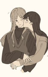 2girls bang_dream! bang_dream!_it&#039;s_mygo!!!!! blush closed_eyes closed_mouth commentary_request hug hug_from_behind jewelry kiss kissing_cheek long_hair long_sleeves manphao_o mole mole_under_eye monochrome multiple_girls nagasaki_soyo necklace notice_lines one_eye_closed sepia shiina_taki smile star_(symbol) star_necklace thai_commentary upper_body yuri