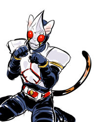 1boy animal_ears armor bad_id bad_pixiv_id belt blue_armor cat_ears cat_paw cat_tail hands_up helmet kamen_rider kamen_rider_blade kamen_rider_blade_(series) kneeling legs_apart male_focus mask masked masked_male red_eyes spade spade_(shape) tail white_background