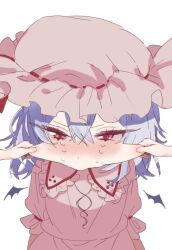 1girl 1other bat_wings blue_hair blush collared_dress commentary_request crying crying_with_eyes_open detached_wings dress frills hair_between_eyes hat hat_ribbon looking_down mini_wings mob_cap pink_dress pink_hat puffy_short_sleeves puffy_sleeves red_eyes red_ribbon remilia_scarlet ribbon short_hair short_sleeves simple_background solo_focus squeezing_cheeks standing tears touhou tume_ama white_background wings
