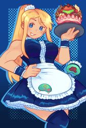 1girl alternate_costume apron blonde_hair blue_background blue_border blue_dress blue_eyes blue_outline blue_thighhighs blue_wrist_cuffs border chocolate_syrup commentary dress english_commentary enmaided feet_out_of_frame food frilled_dress frilled_wrist_cuffs frills fruit grin halftone halftone_background hand_on_own_hip helmet highres holding holding_tray hoshizora_lone ice_cream light_blush long_hair long_sidelocks looking_at_viewer maid maid_apron maid_headdress metroid metroid_(creature) nintendo outline parted_bangs ponytail samus_aran sidelocks sleeveless sleeveless_dress smile strawberry sundae thighhighs tray unworn_headwear unworn_helmet wafer_stick wrist_cuffs zettai_ryouiki