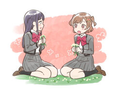 2girls :d :o aijou_karen black_eyes black_hair black_socks blush brown_eyes brown_hair brown_shoes collared_shirt commentary_request crown_hair_ornament floral_background flower flower_wreath full_body grass grey_jacket grey_skirt hair_ornament hairclip hands_up high-waist_skirt holding holding_flower holding_wreath ito_fumi jacket kneehighs loafers long_hair looking_at_another miniskirt multiple_girls no_pupils on_grass open_clothes open_jacket open_mouth pink_background pleated_skirt profile school_uniform seishou_music_academy_uniform seiza shirt shoes short_hair shoujo_kageki_revue_starlight sitting skirt smile socks tsuyuzaki_mahiru two-tone_background two_side_up white_background white_flower white_shirt