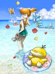1girl afloat asymmetrical_hair closed_eyes cloud corsola day eyelashes gen_1_pokemon gen_2_pokemon green_shorts gyarados hair_tie highres holding holding_shoes holding_unworn_clothes innertube misty_(pokemon) nintendo ocean open_mouth orange_hair outdoors partially_submerged piora poke_ball pokemon pokemon_(anime) pokemon_(classic_anime) pokemon_rgby ponytail psyduck shirt shoes short_hair shorts side_ponytail sky sleeveless sleeveless_shirt smile standing staryu suspenders swim_ring teeth unworn_shoes wading water yellow_shirt
