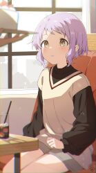 1girl absurdres black_sweater blush brown_sweater commentary_request cowboy_shot drink drinking_straw glass grey_shorts highres holding holding_tray ice ice_cube idolmaster idolmaster_million_live! idolmaster_million_live!_theater_days indoors looking_at_another makabe_mizuki mochigome_(ununquadium) open_mouth pink_hair short_hair short_shorts shorts sidelocks sitting solo sweater tray turtleneck turtleneck_sweater window yellow_eyes
