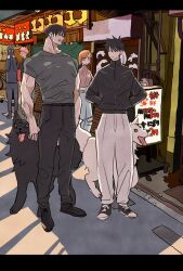 1girl 4boys black_hair commentary_request dog facial_mark father_and_son flying_sweatdrops full_body fushiguro_megumi fushiguro_touji gyokuken hands_in_pockets ino_takuma itadori_yuuji jujutsu_kaisen kugisaki_nobara letterboxed looking_at_another multiple_boys muscular muscular_male orange_hair outdoors pants pink_hair scar scar_on_face scar_on_mouth short_hair spiked_hair swept_bangs takeuchi_ryousuke tongue tongue_out turtleneck undercut white_pants wolf