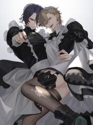 2boys absurdres aiming aiming_at_viewer beretta_92 black_dress blonde_hair character_request crossdressing dress from_below gun handgun highres honkai:_star_rail honkai_(series) maid male_focus multiple_boys pantyhose thighs torn_clothes torn_pantyhose trap weapon white_background zui_zui3