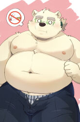 1boy absurdres bara bear_boy blank_eyes bulge cigarette closed_mouth fat furry furry_male glasses green-framed_eyewear highres large_pectorals leib_(housamo) male_focus navel open_fly pectorals ponytail rectangular_eyewear solo spoken_object tokyo_houkago_summoners zuboboz