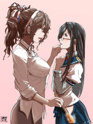 ashigara_(kancolle) ashigara_kai_ni_(kancolle) black_eyes black_hair blue_sailor_collar blue_skirt breasts brown_eyes brown_hair chopsticks collared_shirt cowboy_shot dress_shirt epaulettes eye_contact glasses grey_skirt hairband hand_on_another&#039;s_chin highres hip_vent kantai_collection large_breasts layered_sleeves long_hair long_sleeves looking_at_another megakura_kinshi necktie ooyodo_(kancolle) pencil_skirt pink_background pleated_skirt ponytail puffy_short_sleeves puffy_sleeves red_necktie sailor_collar school_uniform semi-rimless_eyewear serafuku shirt short_over_long_sleeves short_sleeves skirt sleeves_rolled_up standing under-rim_eyewear wavy_mouth white_hairband white_shirt
