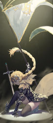 1girl arm_support armor armored_dress black_thighhighs blonde_hair braid club3 dress fate/apocrypha fate/grand_order fate_(series) female_focus flag gauntlets headpiece highres jeanne_d&#039;arc_(fate) jeanne_d&#039;arc_(ruler)_(fate) kneeling long_hair single_braid solo sword thighhighs weapon
