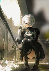 1girl 2b_(nier:automata) absurdres black_blindfold black_dress black_thighhighs blindfold breasts cleavage cleavage_cutout clothing_cutout dress dudrinm flower full_body gloves highres holding holding_flower juliet_sleeves leaf long_sleeves medium_breasts nier:automata nier_(series) pod_(nier:automata) puffy_sleeves railing short_hair sky solo squatting thighhighs white_flower white_hair